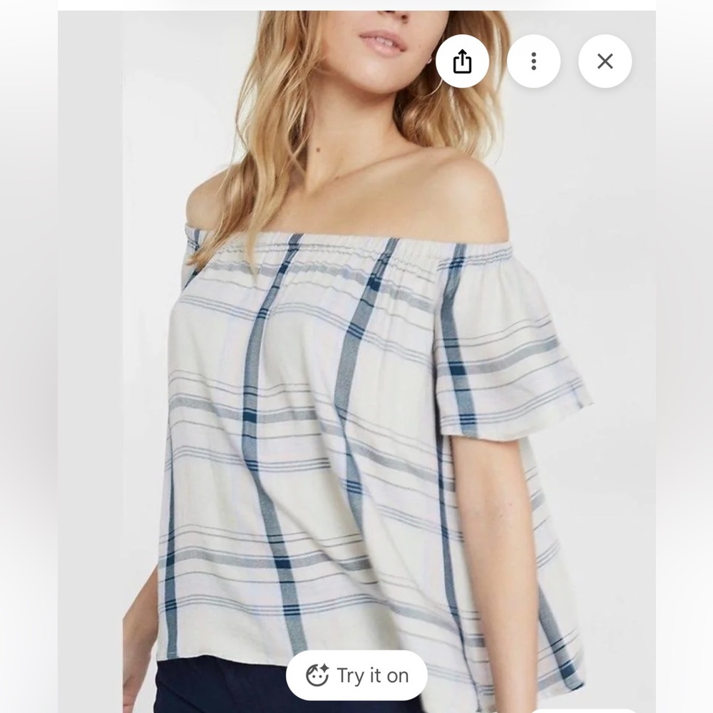 Express Flowy Off Shoulder Plaid Top Blouse Pastels  Rayon M